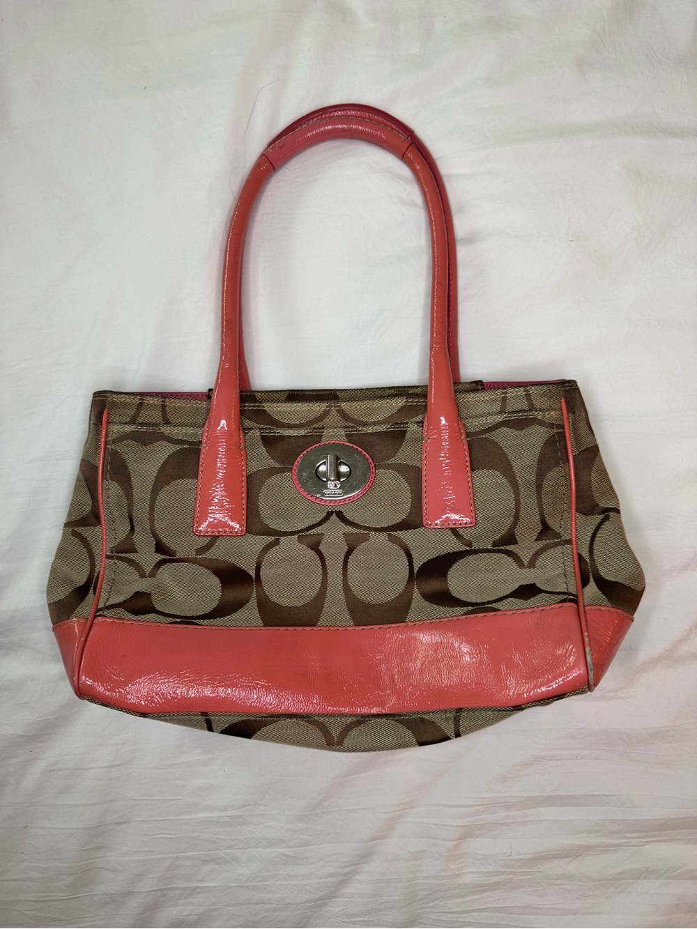 Coach Brown Signature Canvas Tote with Coral Patent Trim